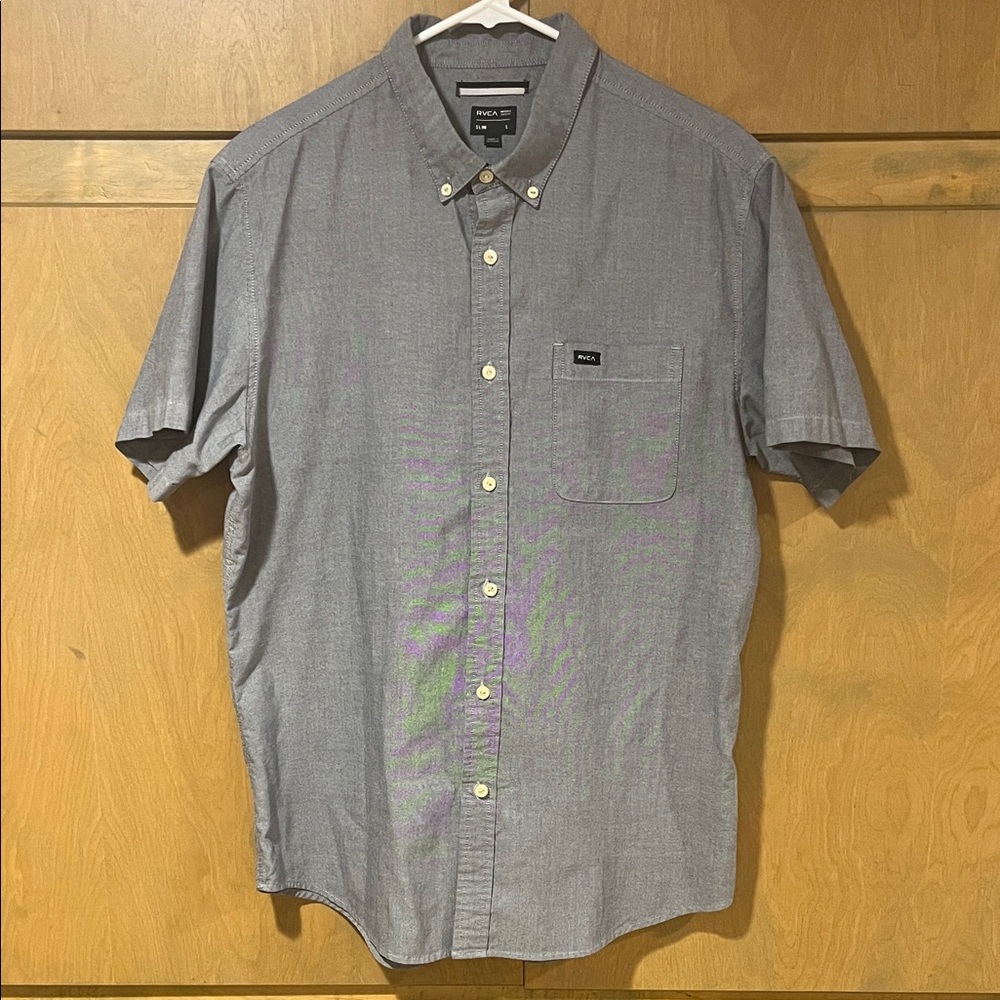 RVCA Men's Blue Oxford Short Sleeve Button Up Shirt - Size L